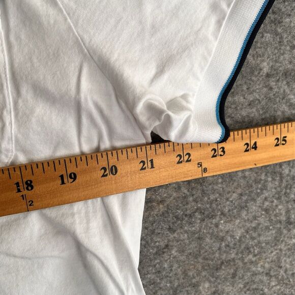 J Lindeberg Polo Shirt Men’s XL SLIM Fit White Blue Trim Short Sleeve Stain READ - Picture 7 of 8